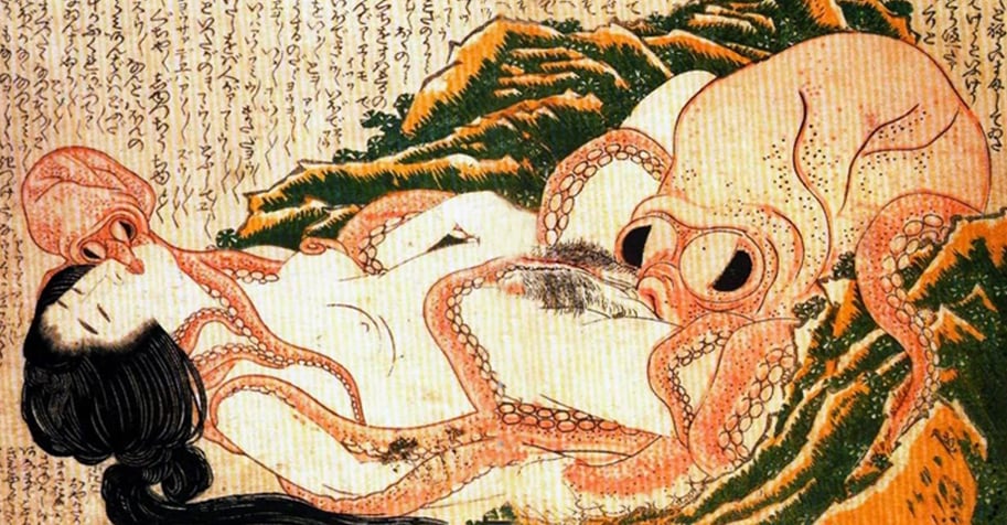 Vintage shunga art of a woman getting eaten by an octopus